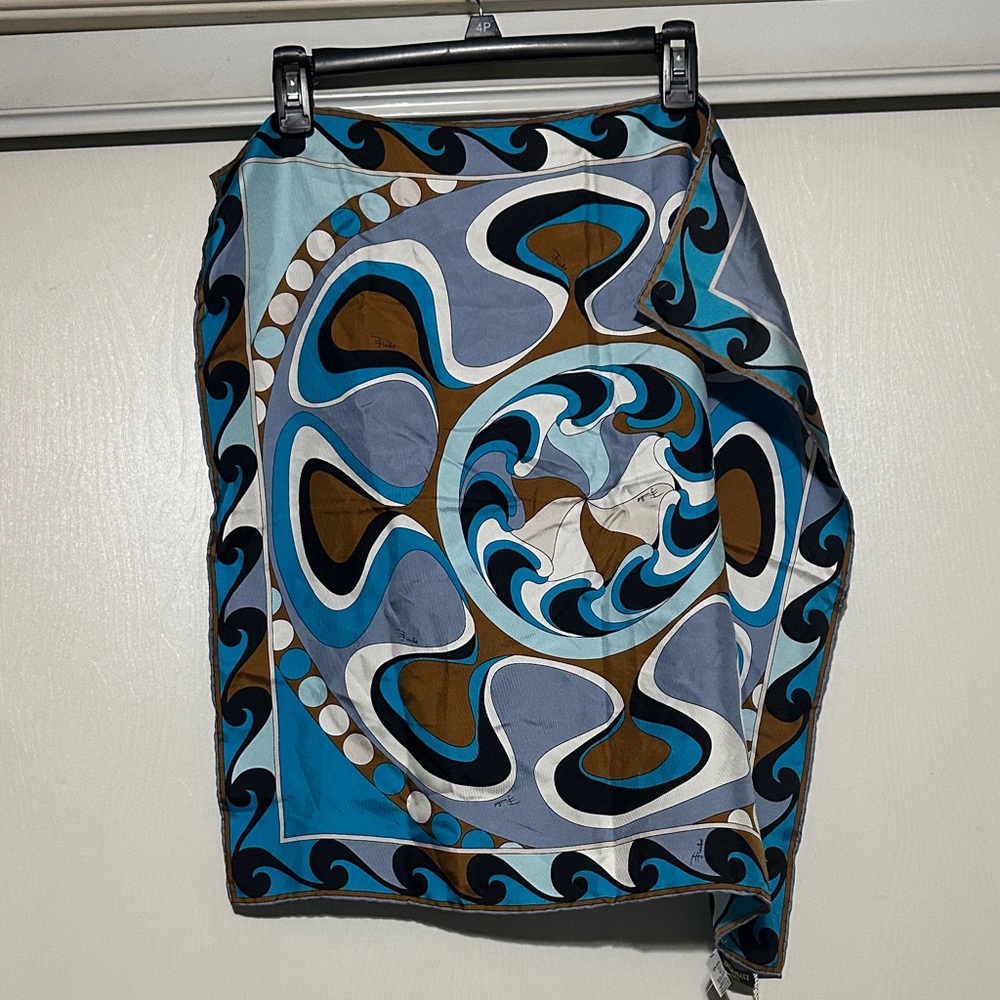 🆕Emilio Pucci Blue, Turquoise & Brown Swirl Print Silk Scarf - Picture 2 of 16